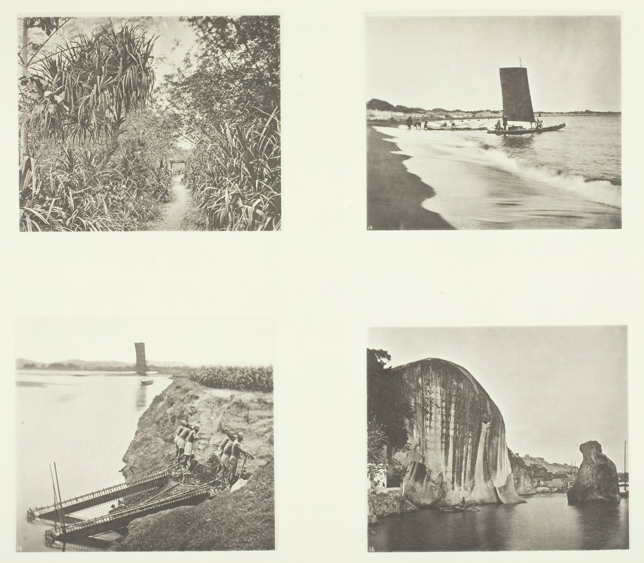 Een Landweg nabij Taiwanfu, Een Catamaran, Kettingpompen, Rotsinscripties, Amoy, ca. 1868 door John Thomson