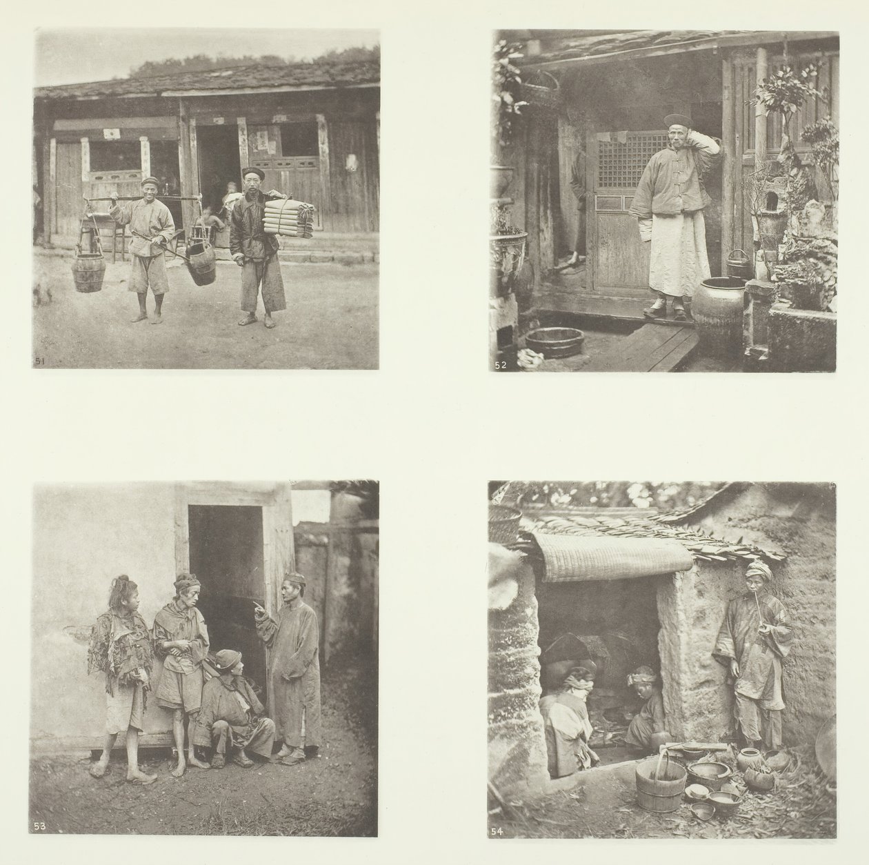 Foochow koelies, een Foochow-detective, de dievenchef, bedelaars die in een toren wonen, ca. 1868 door John Thomson