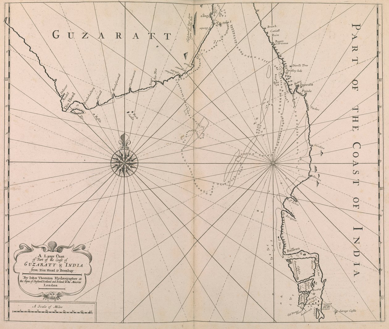 Een grote kaart van een deel van de kust van GUZARATT & INDIA van Diu Head tot Bombay door John Thornton