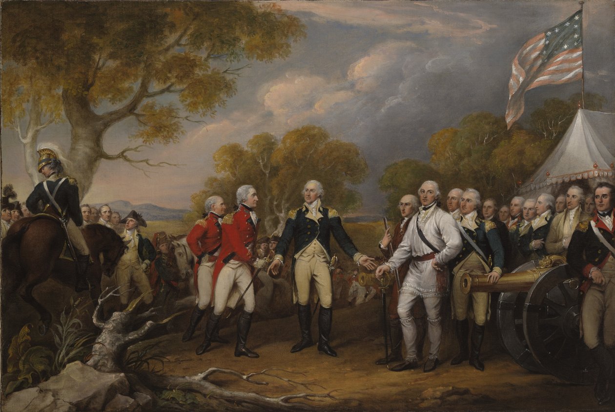 Slag bij Saratoga, de Britse Generaal John Burgoyne geeft zich over aan de Amerikaanse Generaal, Horatio Gates, 17 oktober 1777, c.1822-32 door John Trumbull