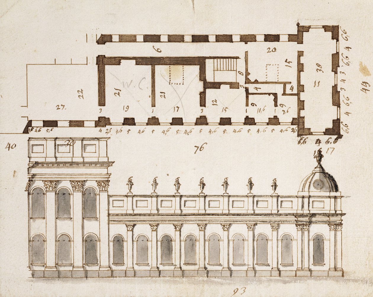 Castle Howard, Yorkshire: Een Vroeg Ontwerp voor de Drie Bays van de Gevel van de Zuid- of Tuinzijde en Negen Bay Enkel Verdieping Lagere Laterale Vleugels met een Inzet van het Grondplan, c.1699 door John Vanbrugh