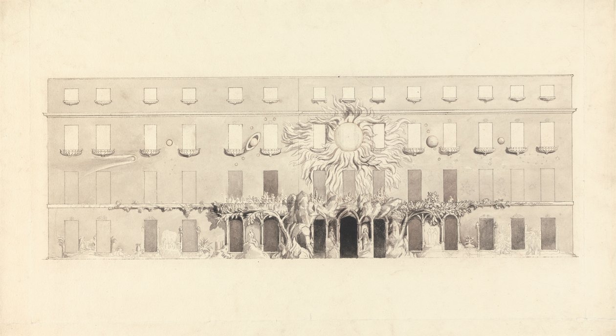 Architectonische tekening van een gebouw met astrologische symbolen door John Varley