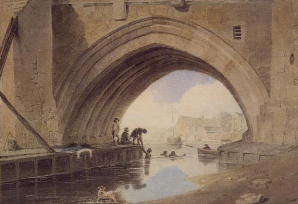 Kinderen zwemmen onder de Ouse-brug in York door John Varley