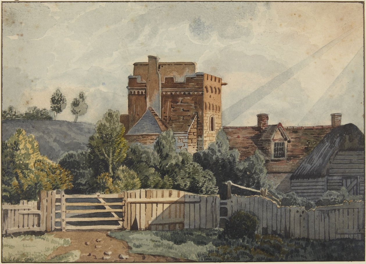 Huis met stenen toren door John Varley