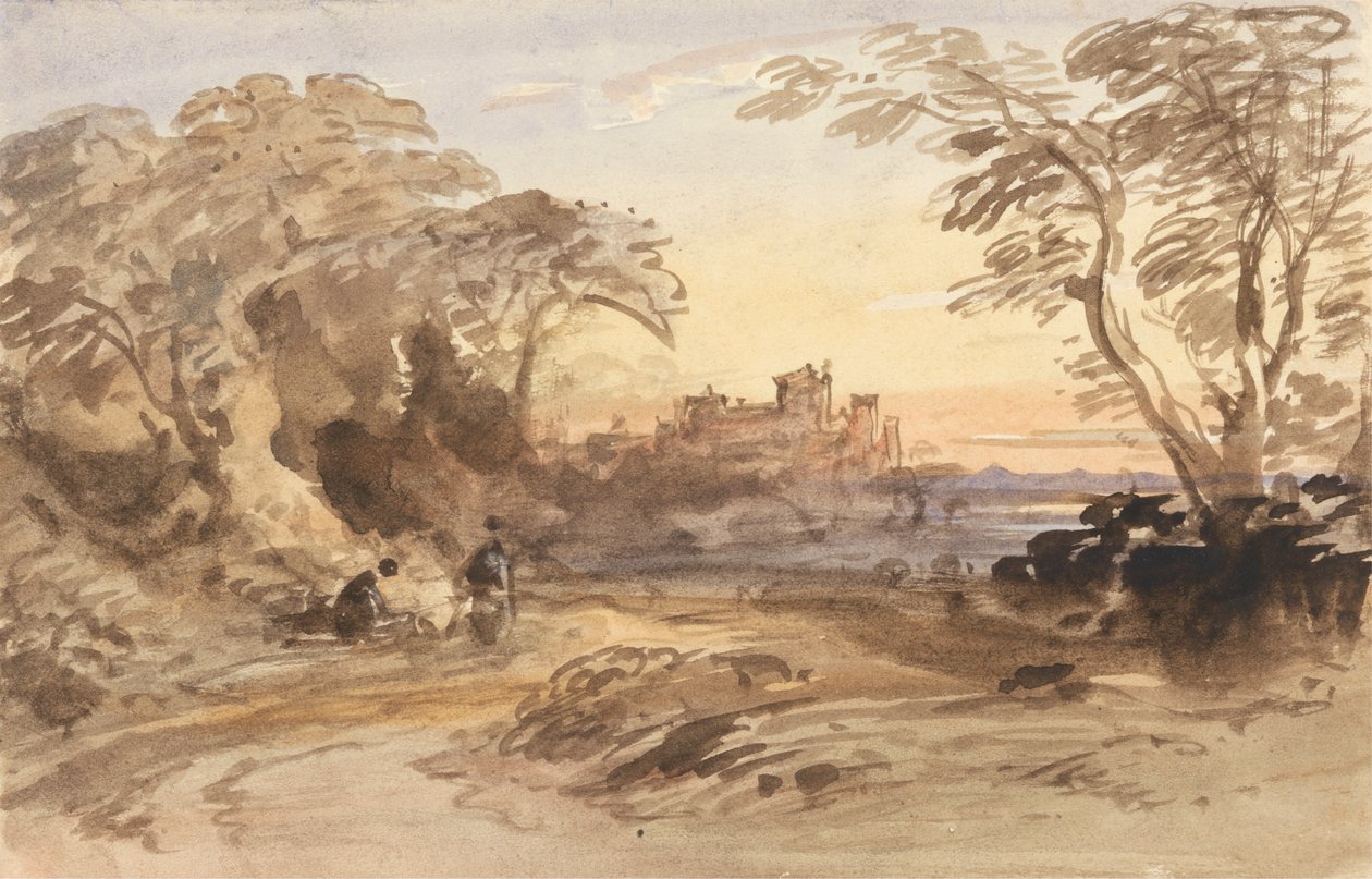 Landschap met Figuren en Verafgelegen Kasteel door John Varley