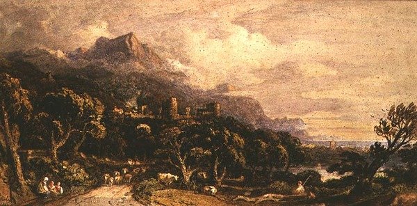 Landschap met kasteel en berg door John Varley