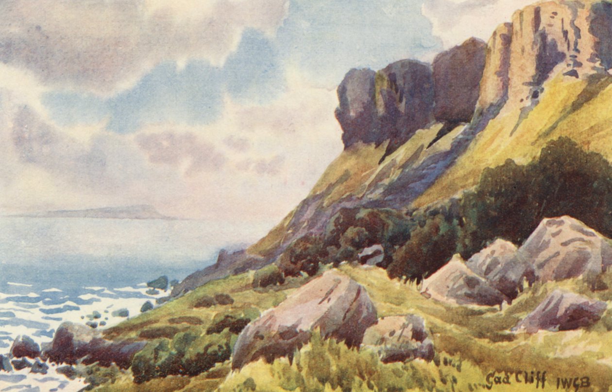 Gad Cliff, met eiland Portland in de verte (kleurenlitho) door John W.G. Bond
