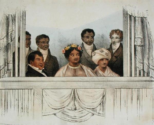 Hun Majesteiten Koning Rheo Rhio, Koningin Tamehamalu, Madame Poki, van de Sandwich Eilanden en suite zoals ze verschenen in het Theatre Royal, Drury Lane, 4 juni 1824 door John W. Gear