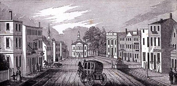 Zuidelijk uitzicht in het centrale deel van Salem, uit Historische Collecties van Massachusetts, door John Warner Barber, gegraveerd door J. Downes, 1939 door John Warner Barber