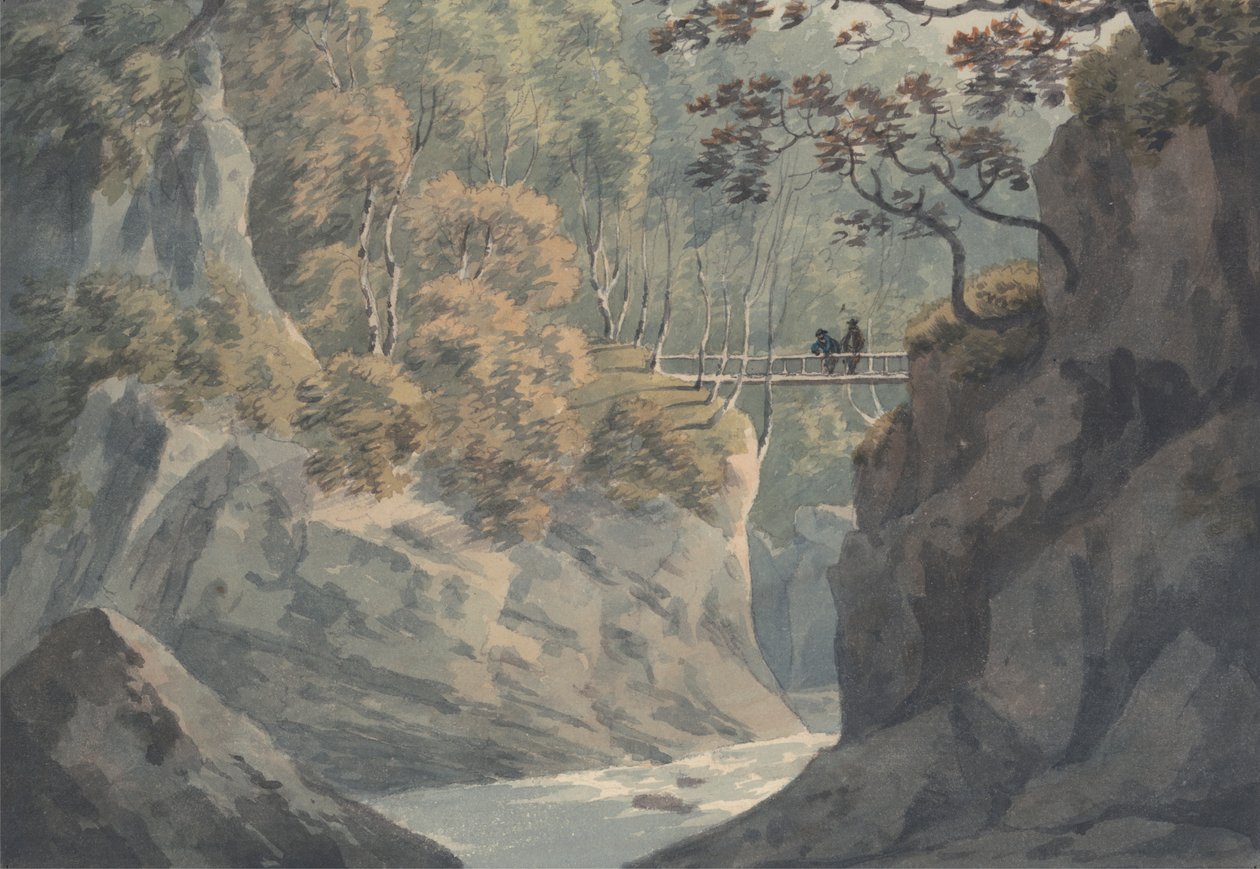 Alpenbrug en boslandschap nabij Pistil y Maw door John Warwick Smith