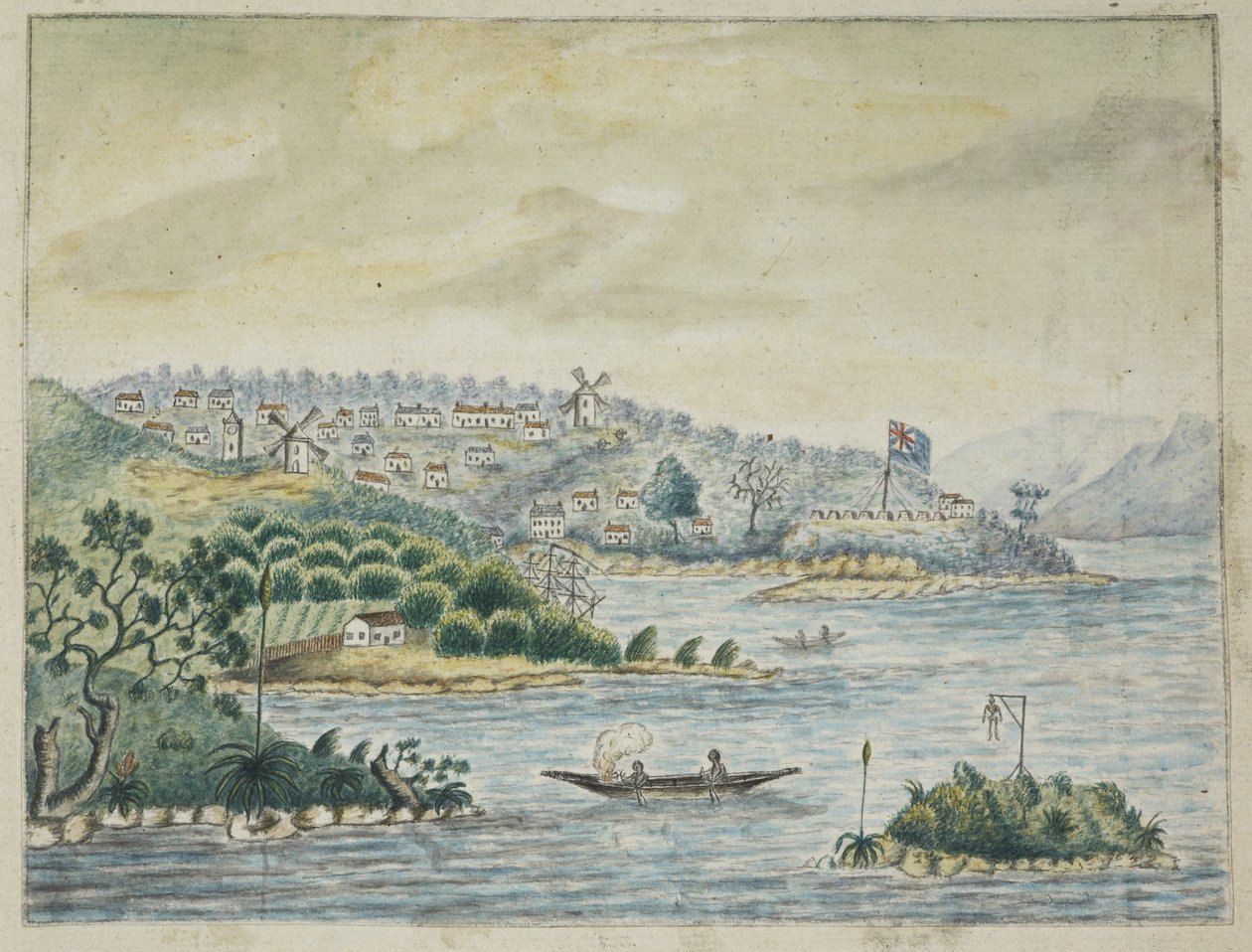 Een uitzicht op een Britse kolonie. Op de voorgrond, inboorlingen in een kano, uit een dagboek bijgehouden aan boord van het Minerva-transport, van Ierland naar New South Wales en Bengalen, door John Washington Price door John Washington Price