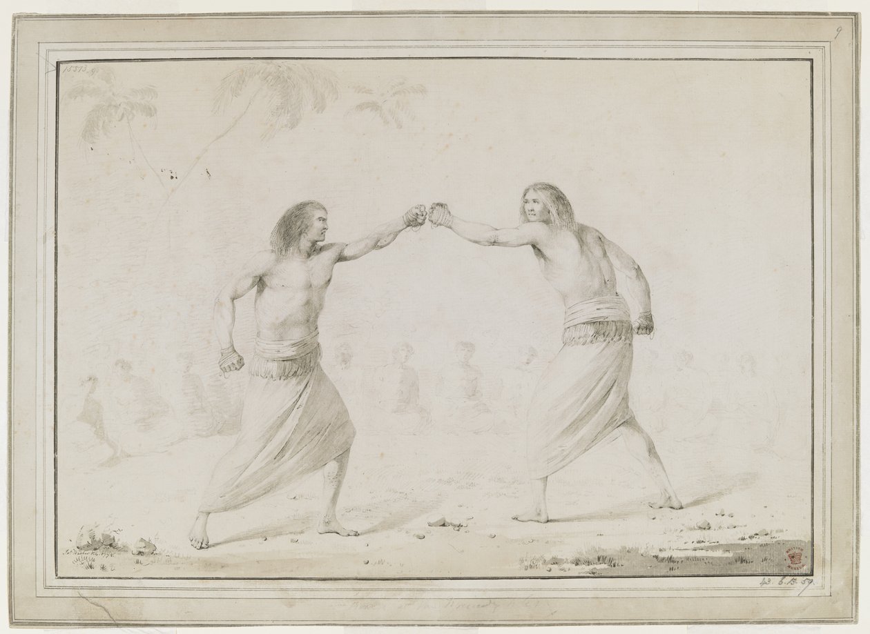 Twee mannen boksen, met toeschouwers zittend in een halve cirkel en palmbomen vaag op de achtergrond. door John Webber
