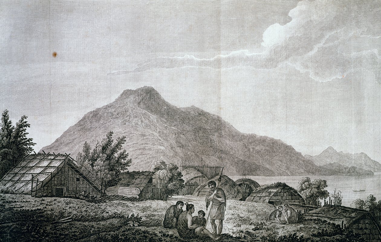 Binnenkant van hippah op het eiland Motuara, gebaseerd op tekening van John Webber (1750-1793), uit verslag van laatste reis van James Cook (1776-1779), gravure door John Webber