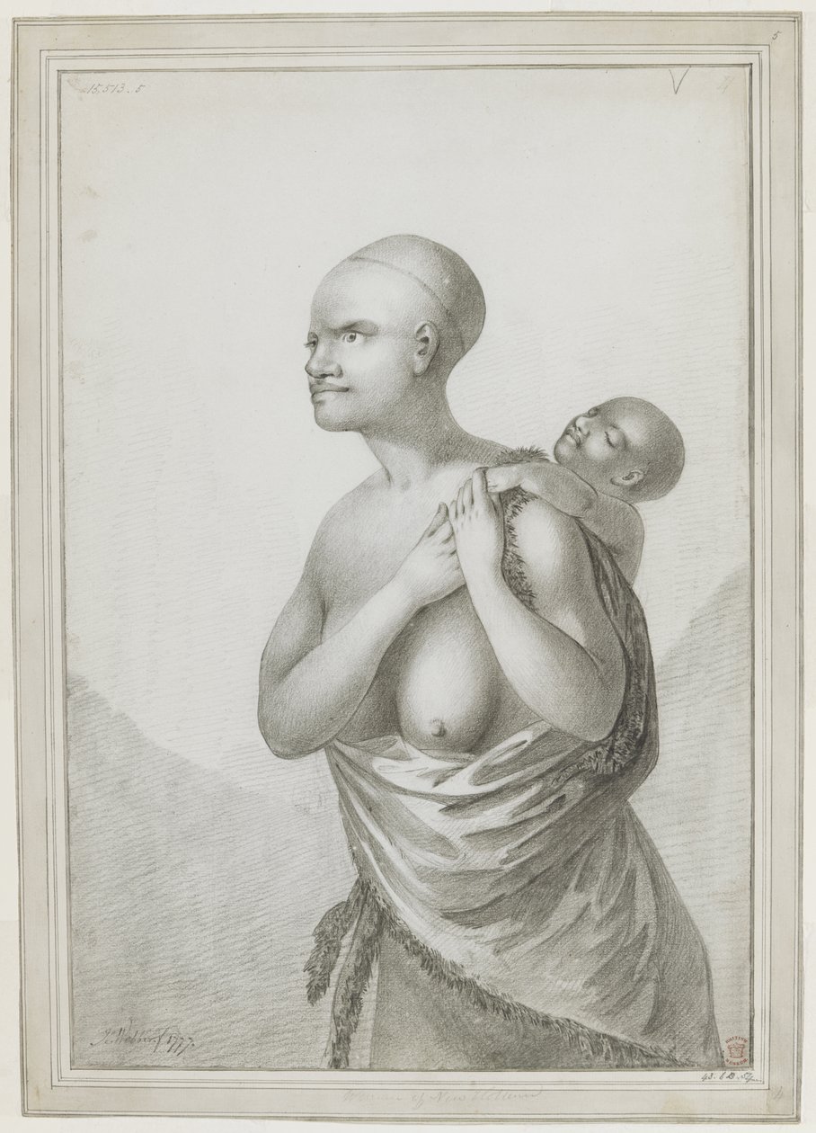 [Hele tekening] Een Tasmaanse vrouw die een kind op haar rug draagt, met een huid over haar linker schouder om haar middel. Januari 1777 door John Webber