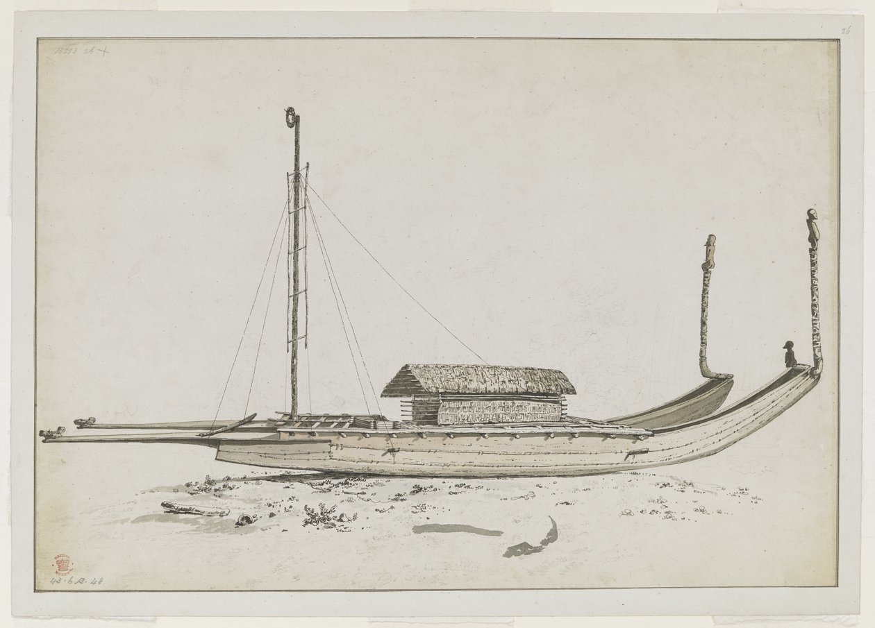 [Gehele tekening] Een dubbele reiskano van Otaheite [Tahiti], met uitgebreide houtsnijwerk door John Webber