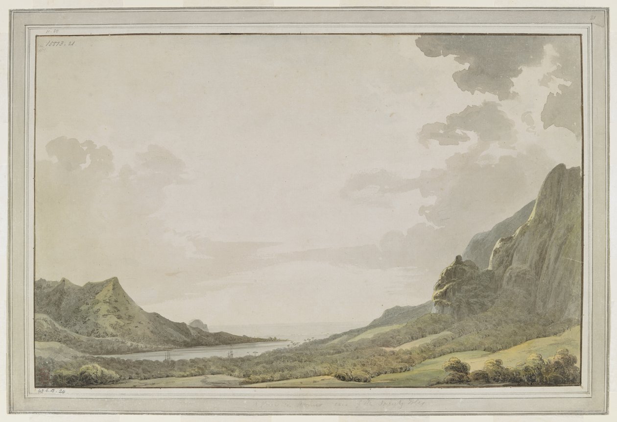 [Gehele tekening]. Een uitzicht vanaf Aimeo Haven [Papetoai Baai], kijkend naar de zee; de masten van de 