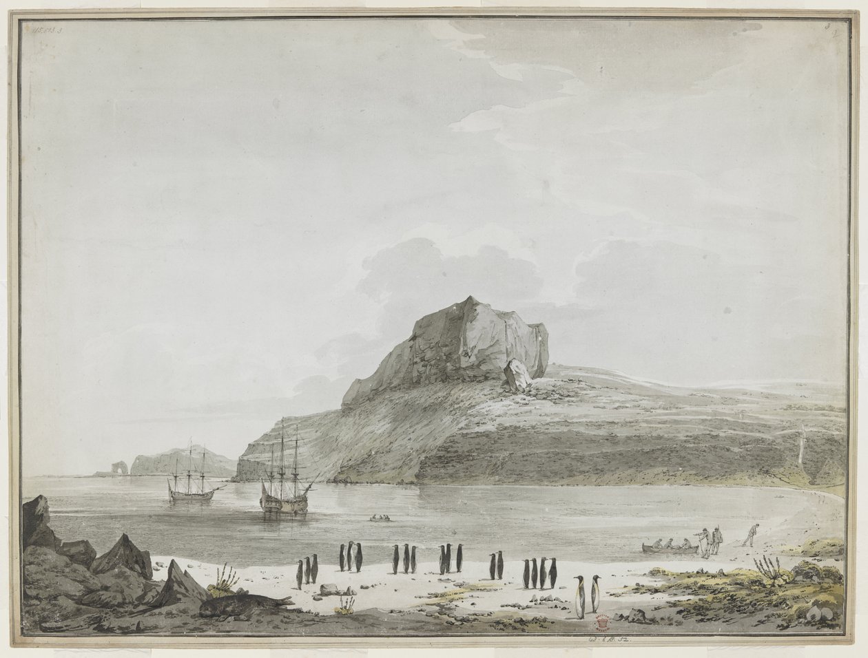 Uitzicht op Christmas Harbour, Kerguelen Island, met de Discovery en de Resolution voor anker. Twee scheepsboten zijn uit, één landt zeelieden aan de kust. Op de voorgrond twintig pinguïns in groepen en een zeeleeuw. 25-30 december 1776 door John Webber