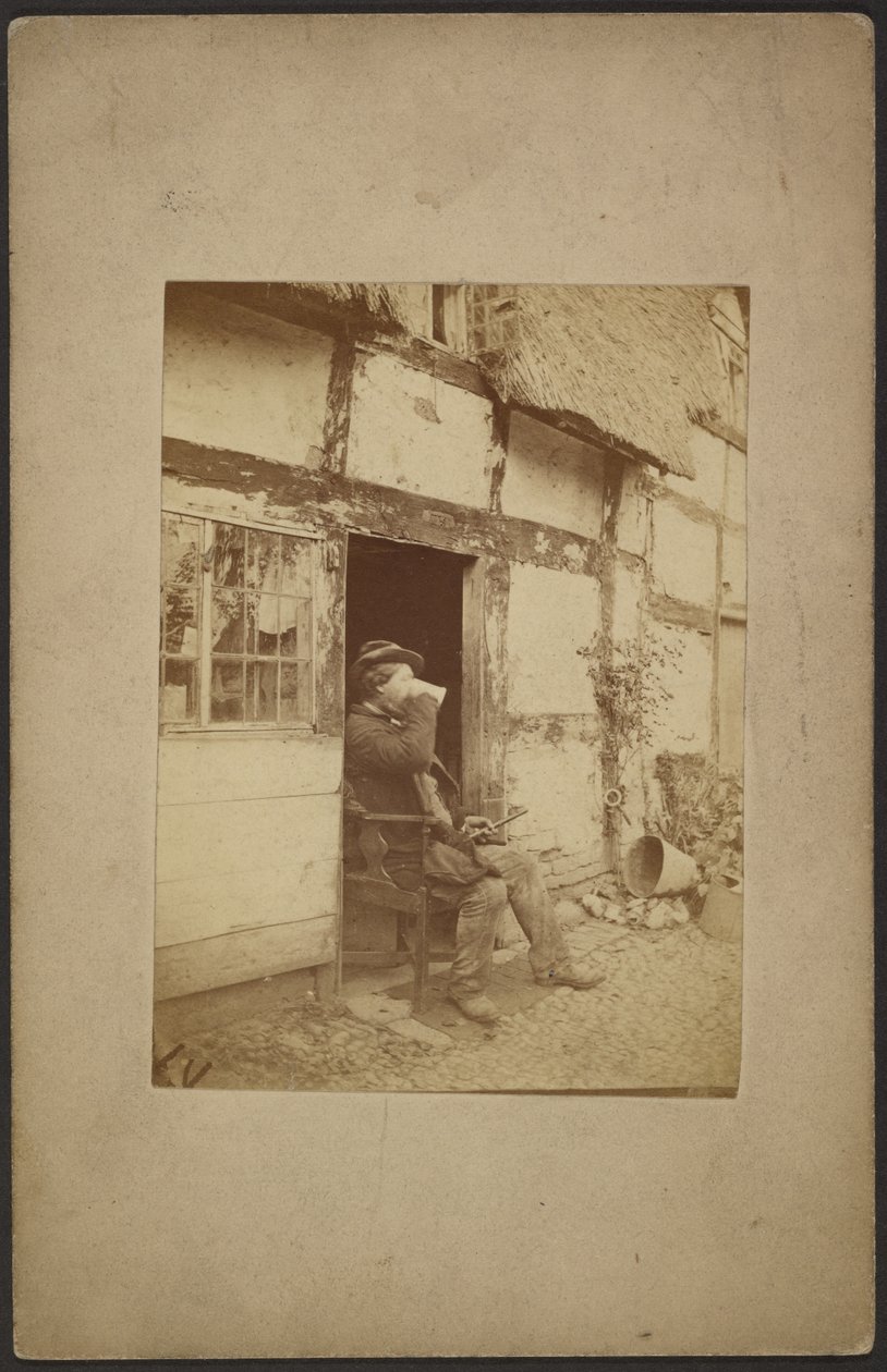 [Zittende man drinkt uit mok in open deuropening]. door John Whistler