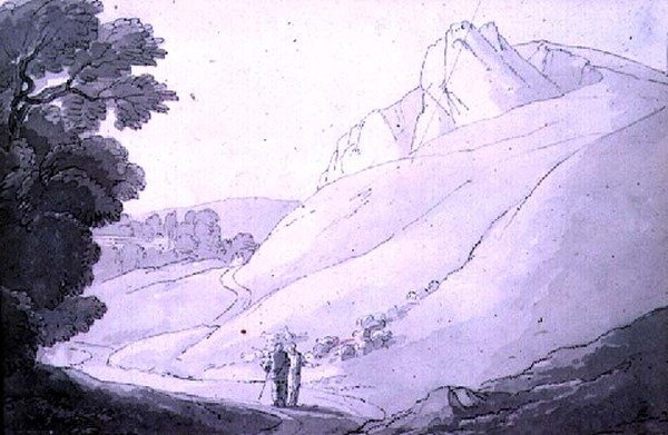 Heuvelachtig landschap met twee figuren door John White Abbott