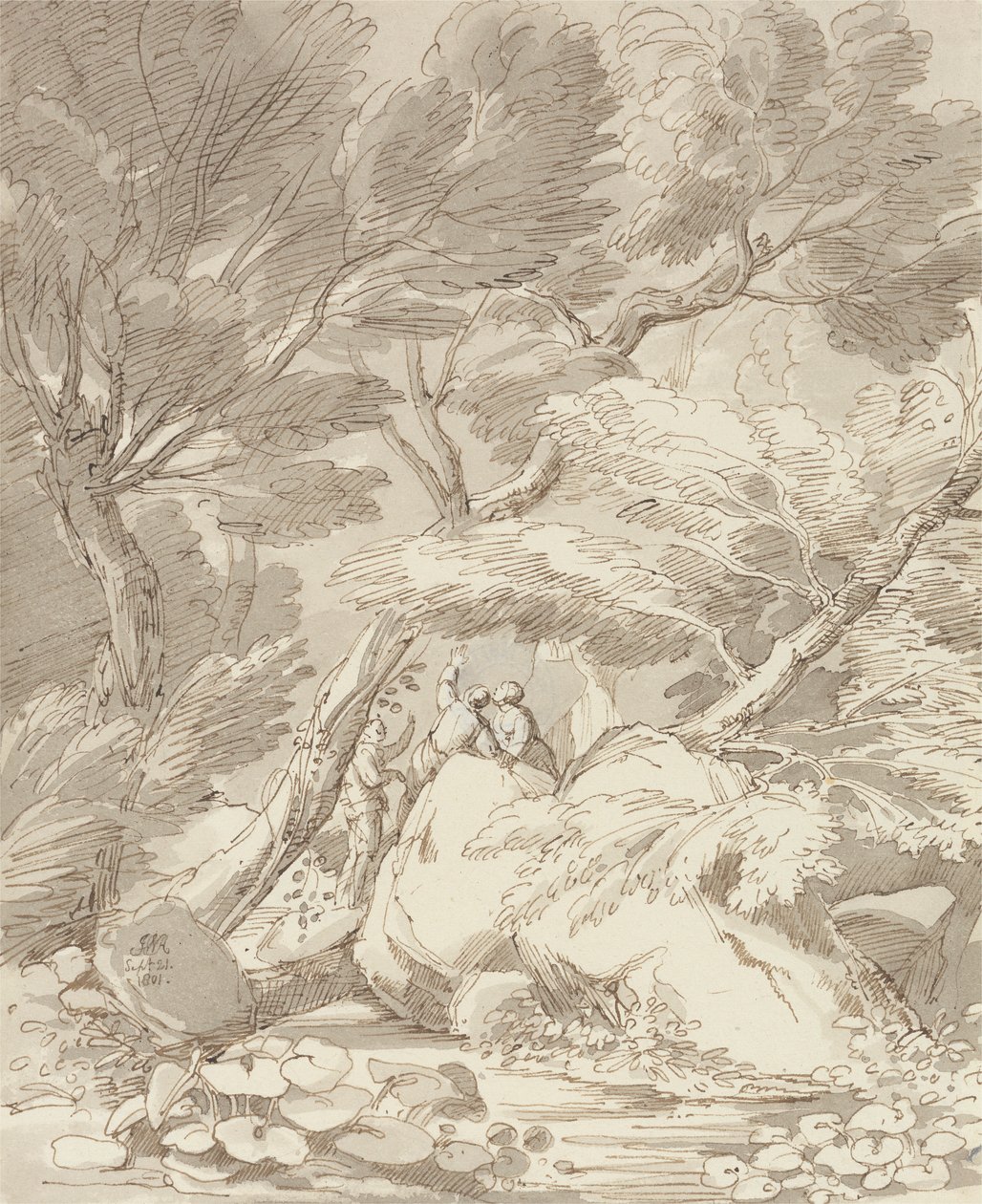 Figuren op een rotsachtige rivierbank bij Canonteign, Devon door John White Abbott