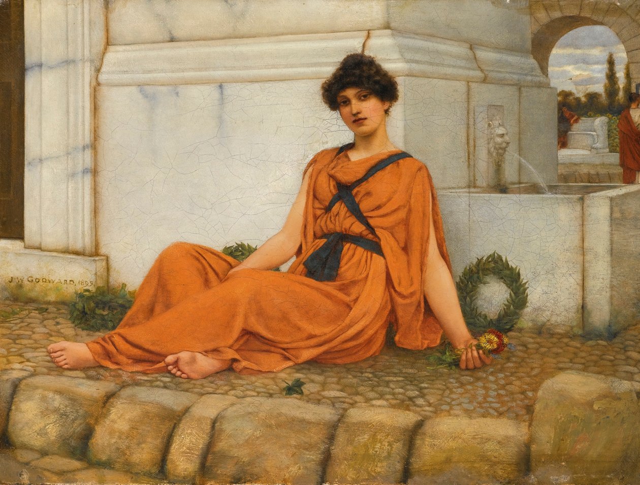 Repose, het bloemenmeisje door John William Godward