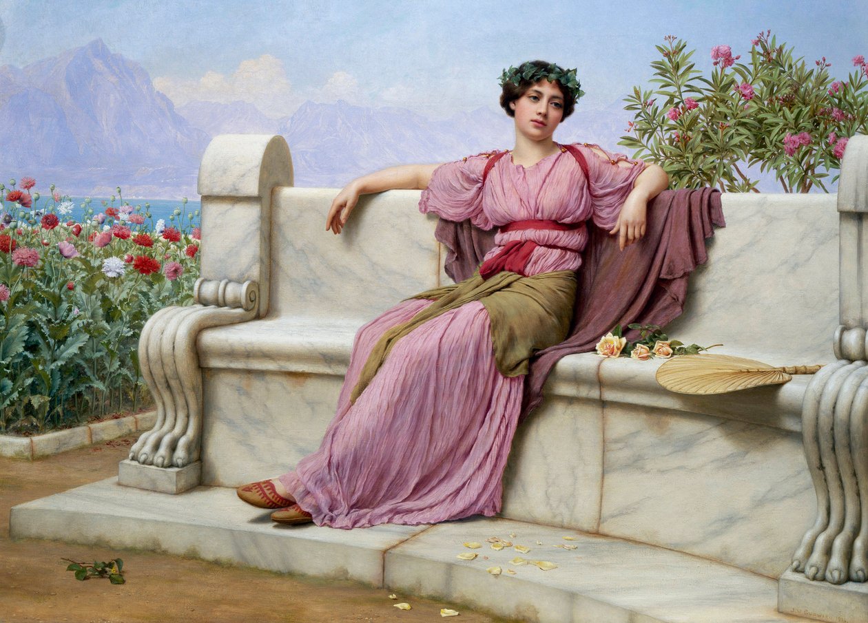 "Rust" Een jonge vrouw gekleed in de antieke mode, zittend op een marmeren bank in een tuin, met een dromerige blik in haar ogen. Schilderij van John William Godward (1861-1922) door John William Godward