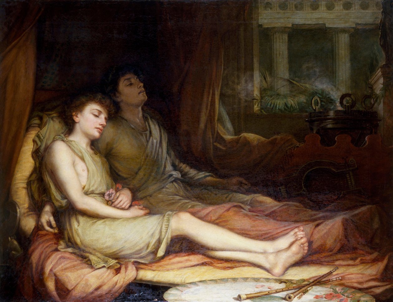 "Hypnos en Thanatos" De goden van slaap en dood. Schilderij van John William Waterhouse (1849-1917) (prerafaëliet) Privécollectie door John William Waterhouse
