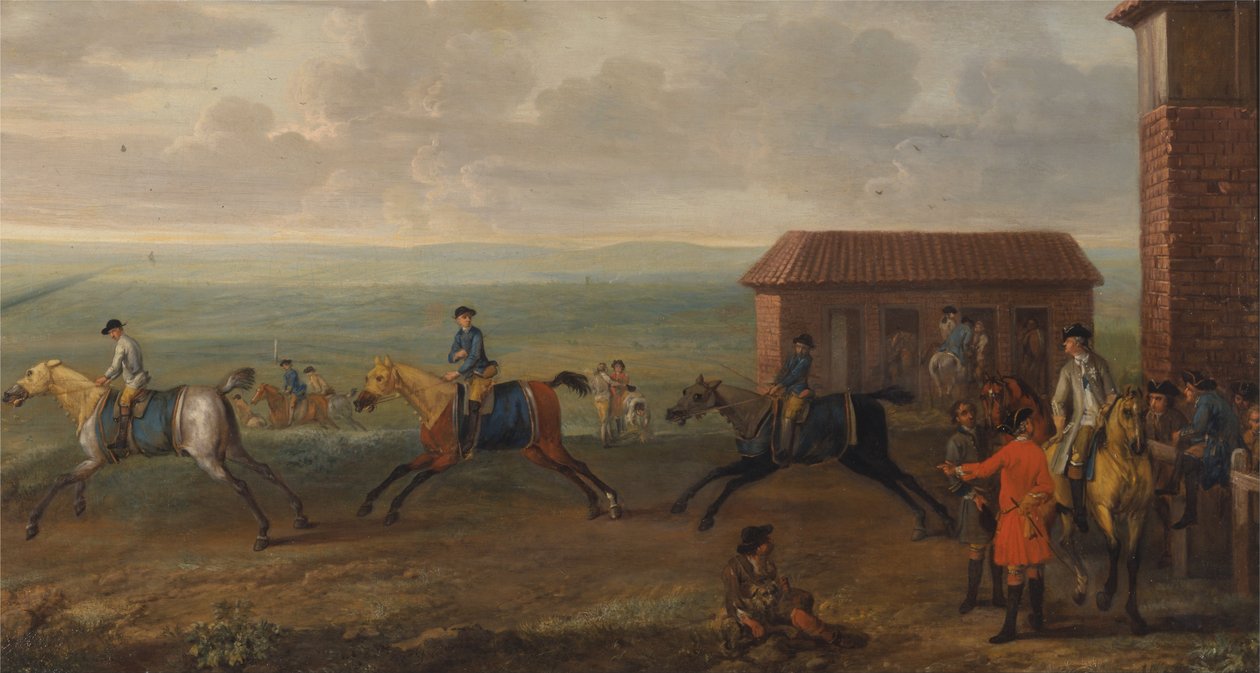 Lord Portmore kijkt naar renpaarden in training op Newmarket Heath door John Wootton