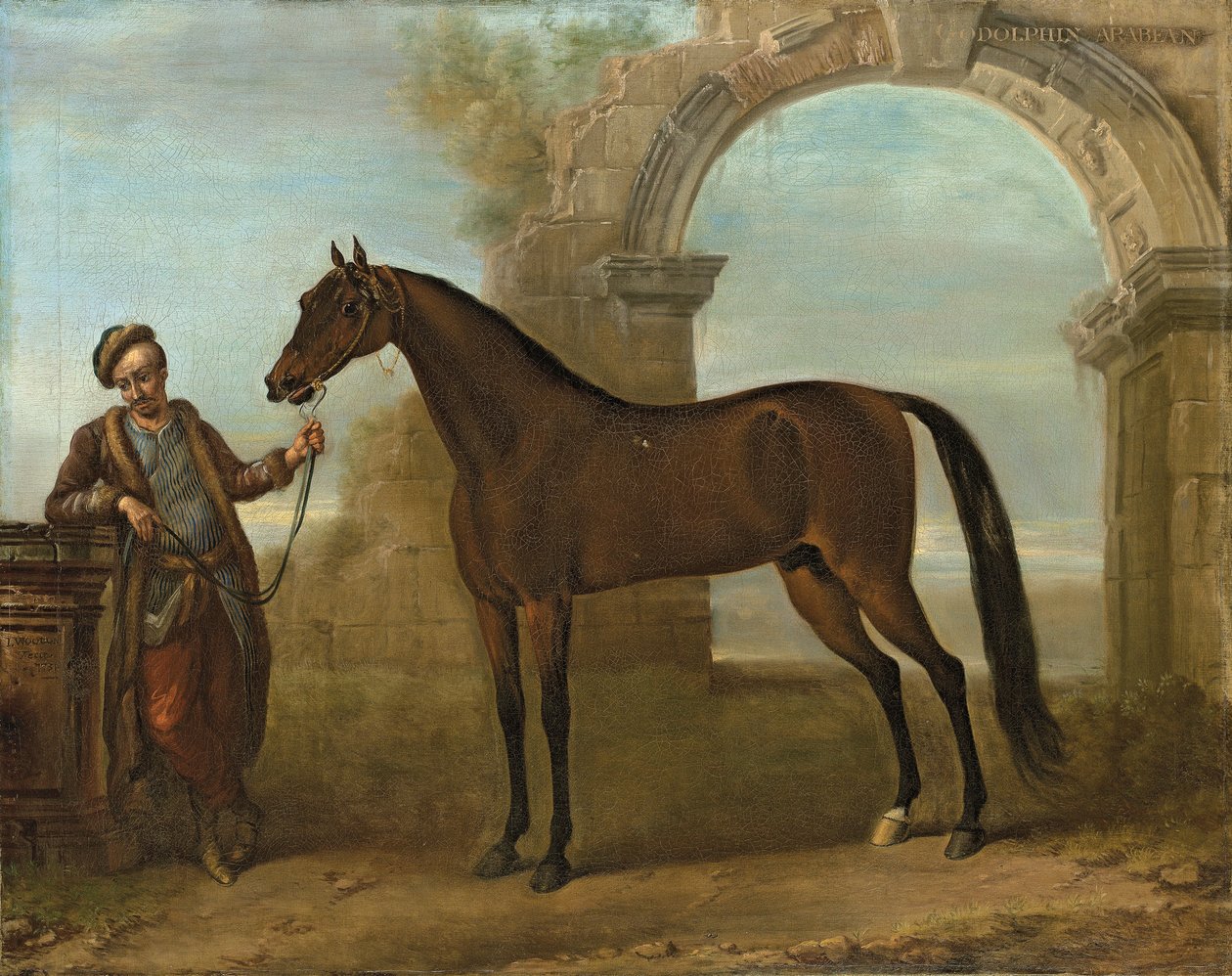 De Godolphin Arabier, Gehouden door een Staljongen, in een Landschap met een Verwoeste Boog, 1731 door John Wootton