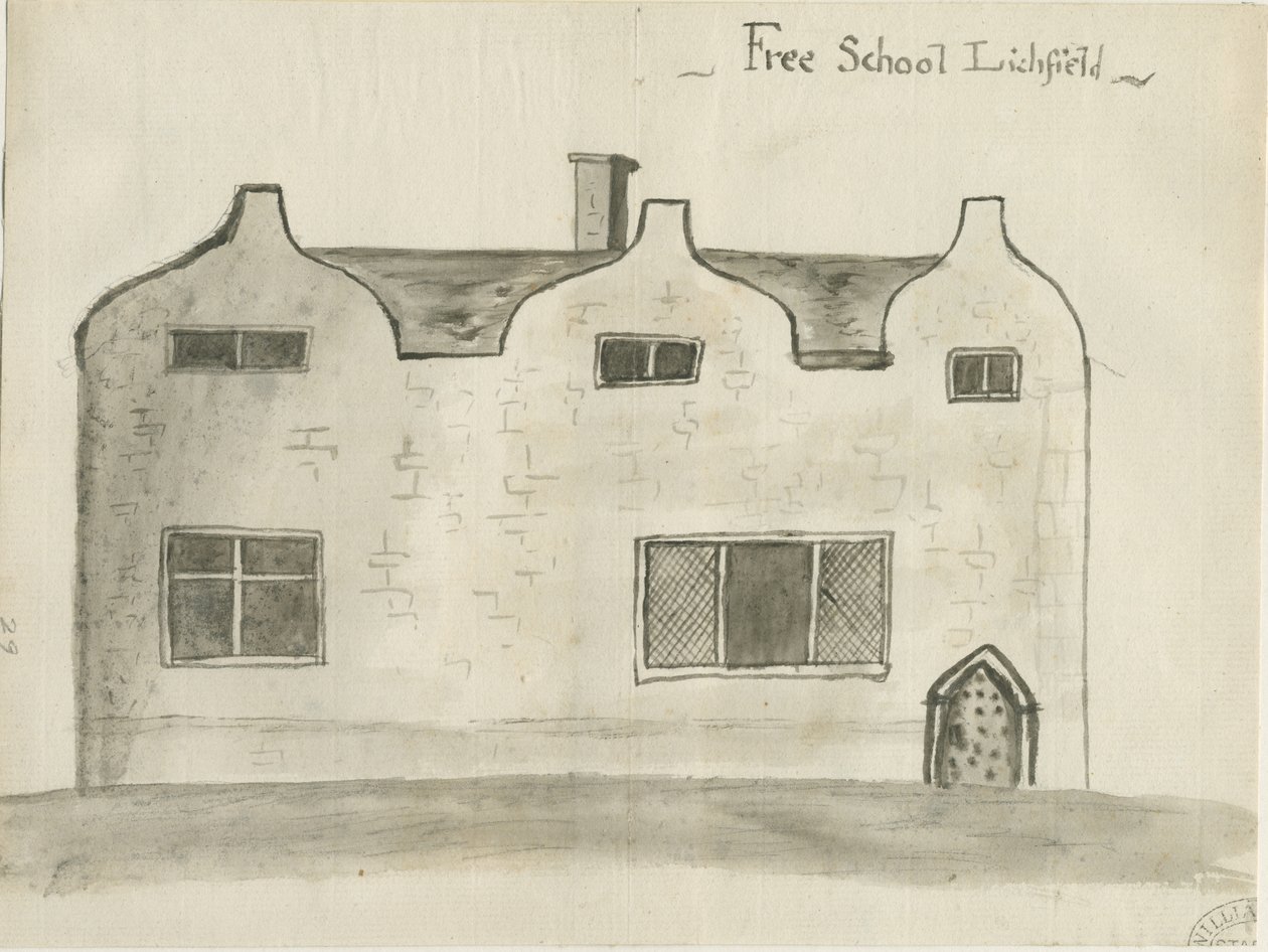 Lichfield - Grammar School: sepia wash tekening, nd [1784] door John Wright