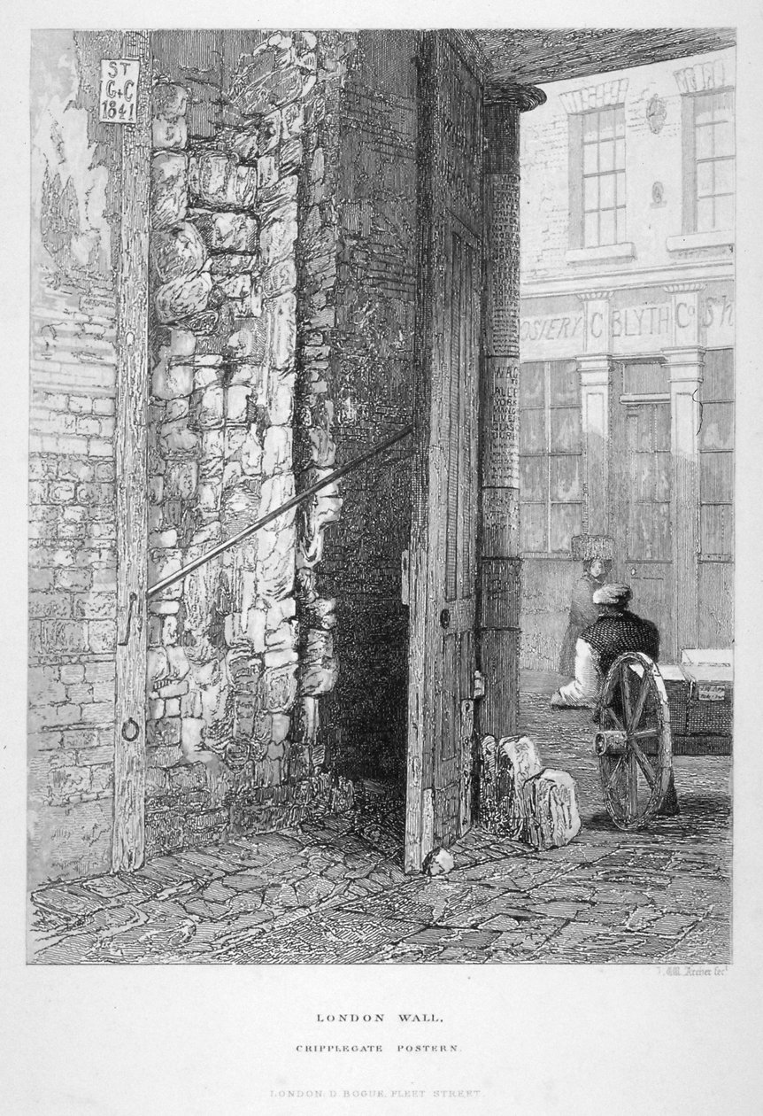Cripplegate Postern, op het kerkhof van St Giles zonder Cripplegate, London Wall, Londen, 1851 door John Wykeham Archer