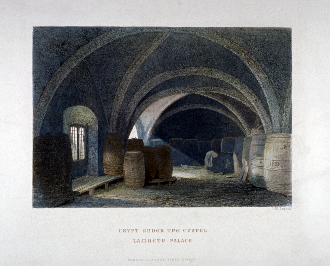 Crypte gevuld met vaten onder de kapel in Lambeth Palace, Londen, 1851 door John Wykeham Archer