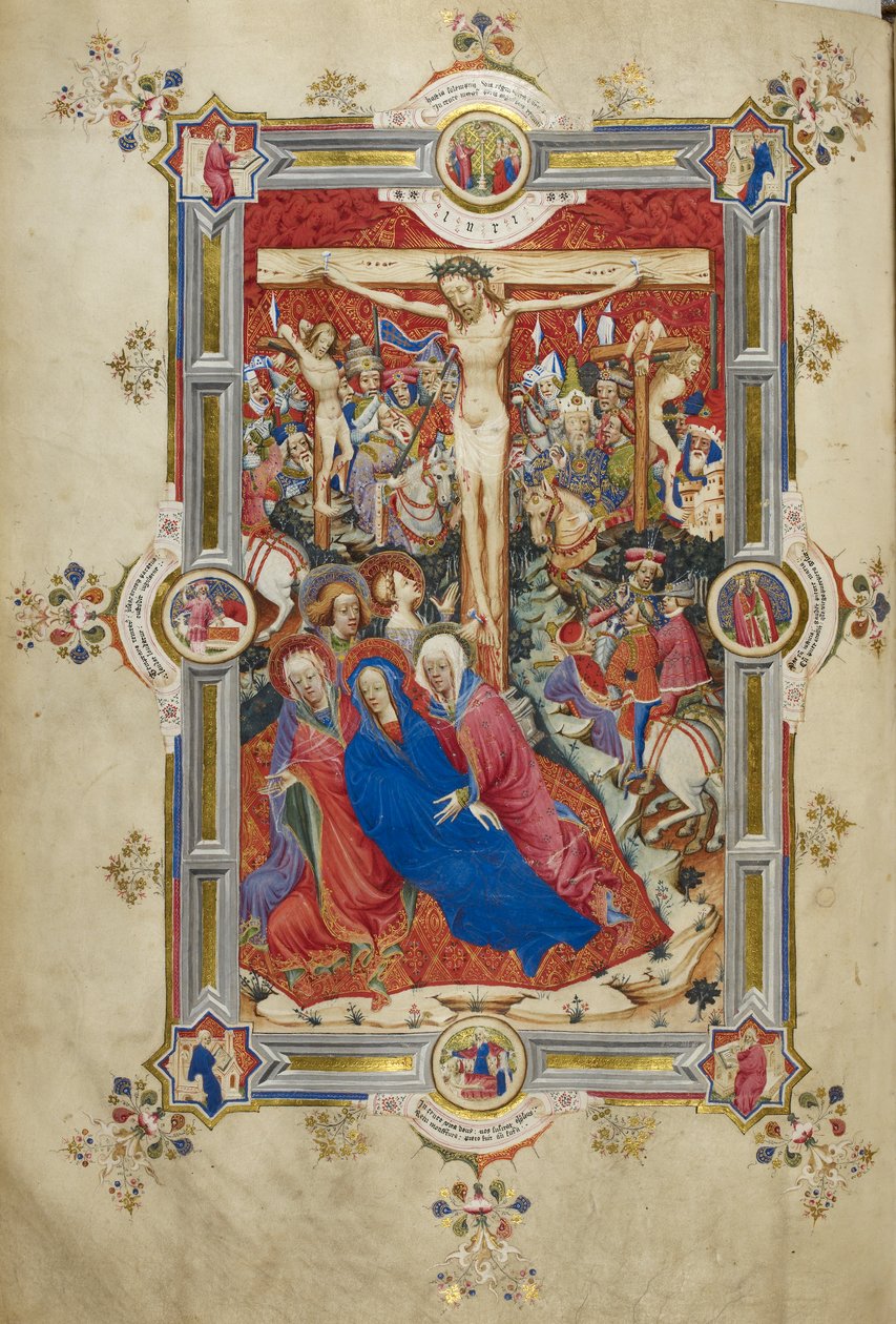 De kruisiging, introductie van de Canon van de Mis. Christus aan het kruis, geflankeerd door dieven, flauwvallende Maagd ondersteund door vrouwen en St. Johannes, Magdalena aan de voet van het kruis. Menigte van ruiters in eigentijdse kleding, inclusief Lo door John and Siferwas John (fl. 1380–1421 Whas