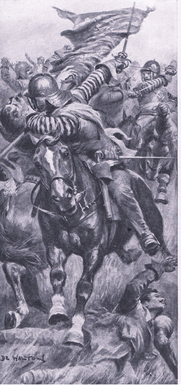 Luitenant John Smith heroverde de standaard van de koning bij Edgehill, 23 oktober 1642, illustratie uit Britse gevechten op land en zee, 1915 door John de Walton