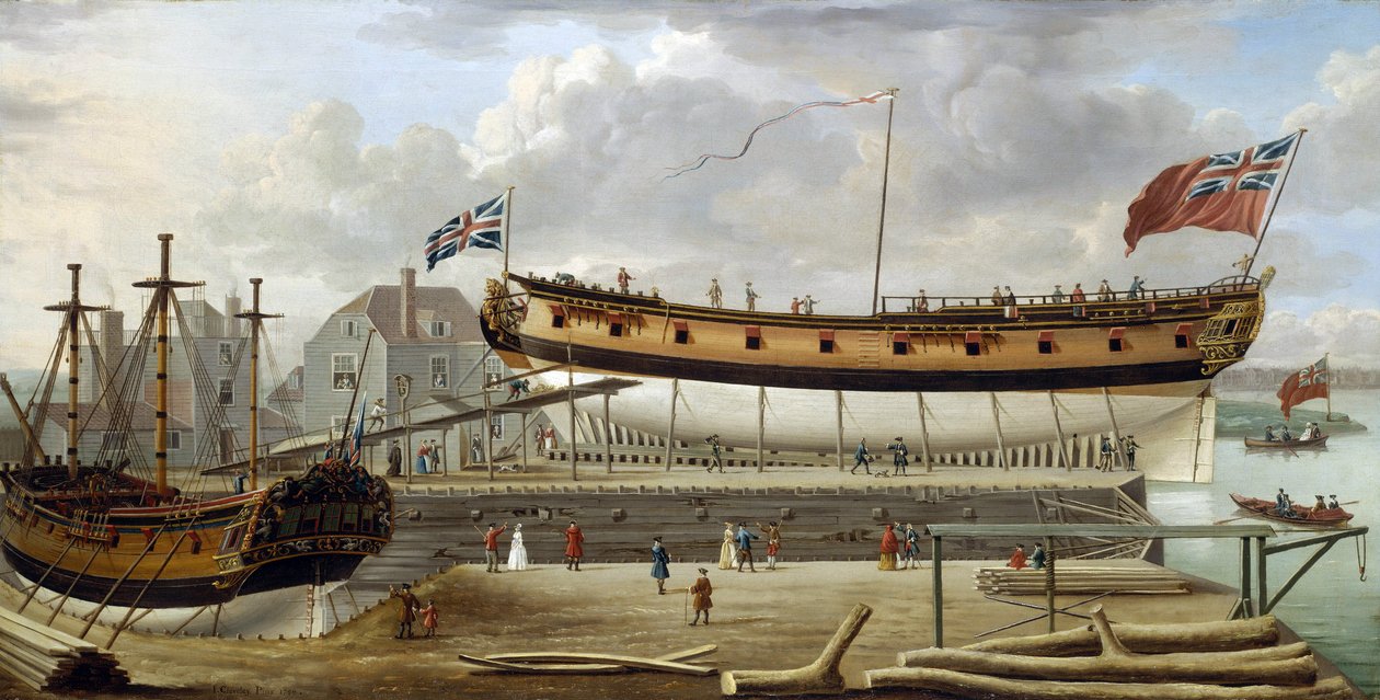 Een zesdeklasser, een oorlogsschip van de Britse Koninklijke Marine, in droogdok, de scheepswerf is waarschijnlijk die van Rotherhite, aan de zuidelijke oever van de Theems, Engeland door John the Elder Cleveley
