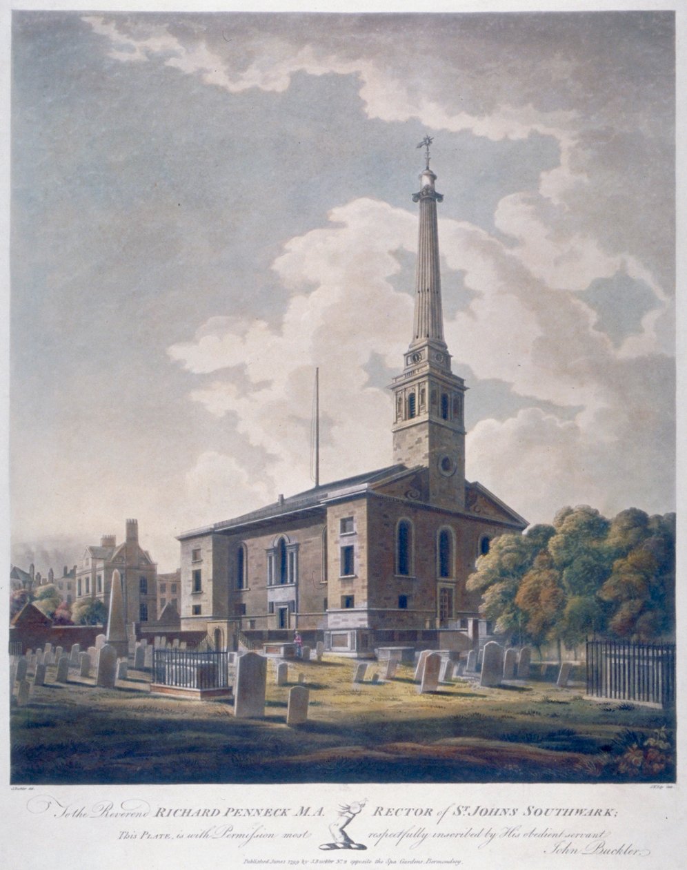 Zicht op de Kerk van St John Horsleydown, Bermondsey, Londen, 1799 door John william Edy