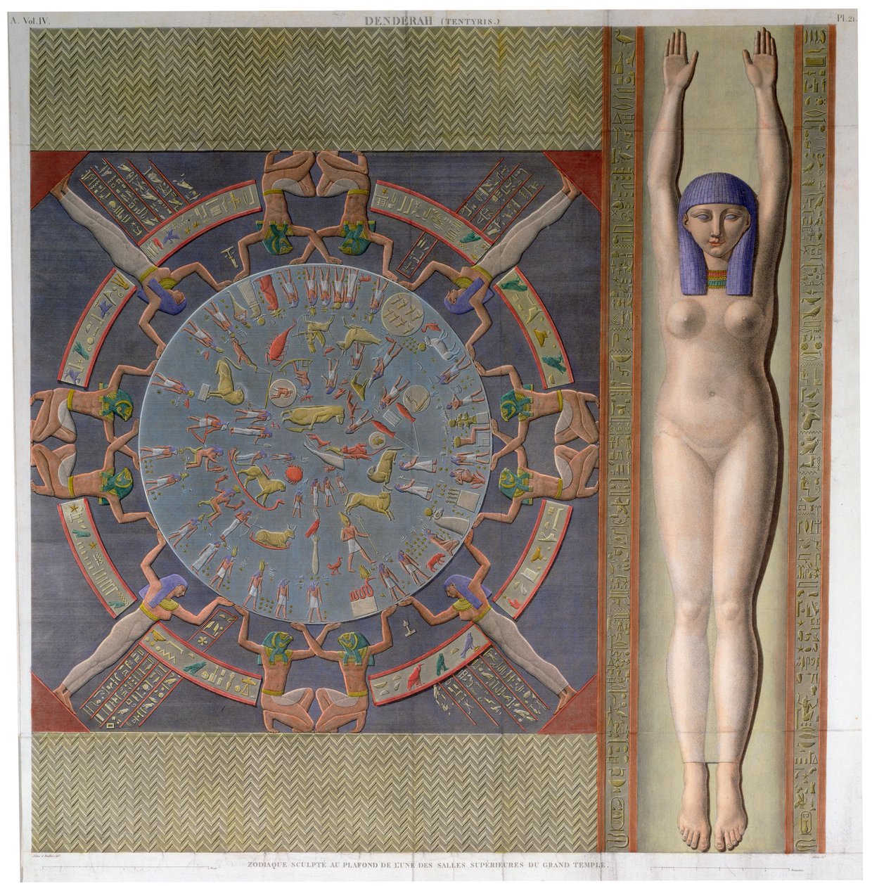 Zodiak plafond van de grote Tempel in Denderah, Egypte, ca. 1826 door Jollois and Devilliers
