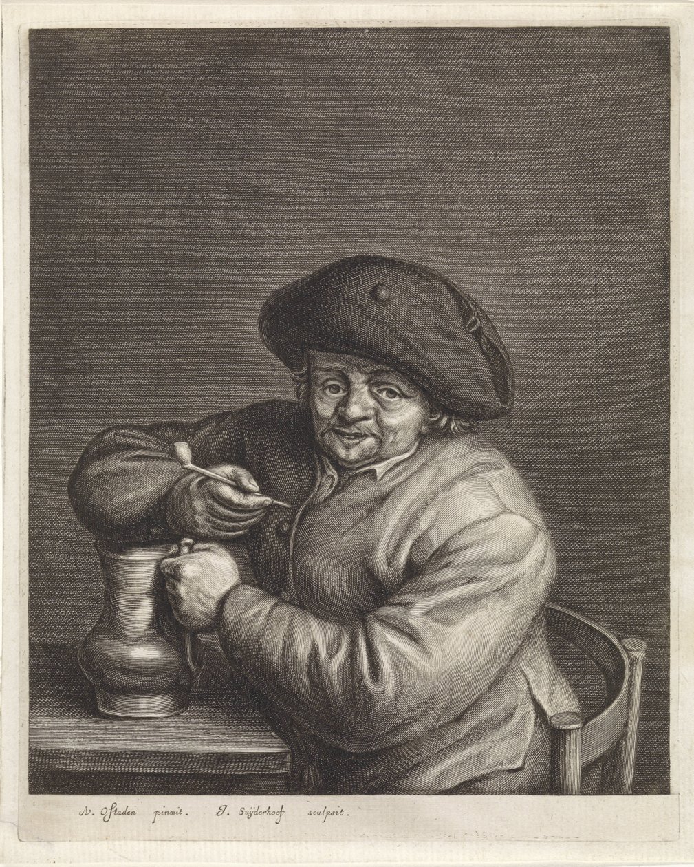 Boer met pijp en kruik in de hand bij een tafel door Jonas Suyderhoef