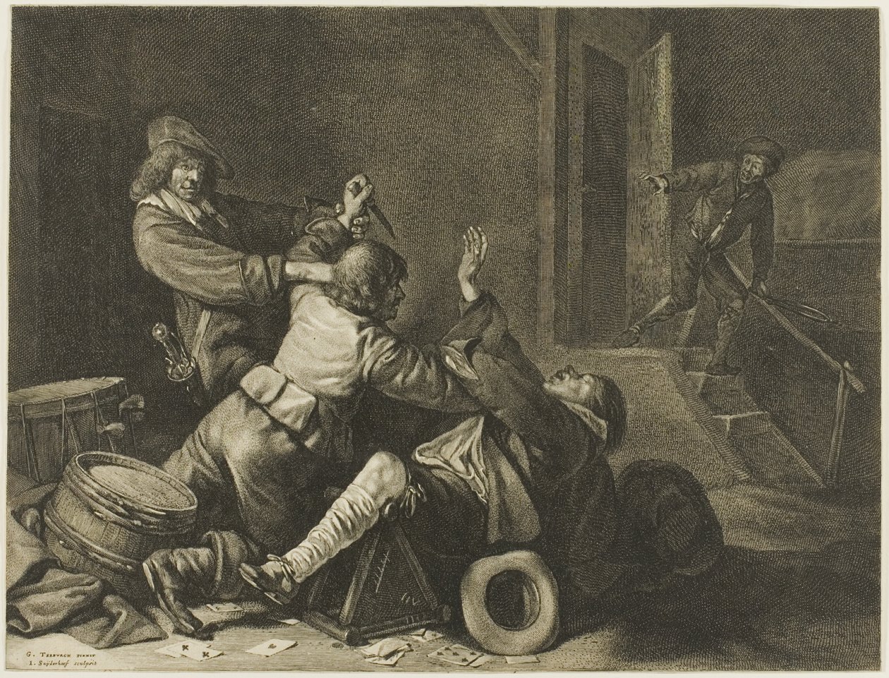 Drie mannen worstelen in een interieur door Jonas Suyderhoef