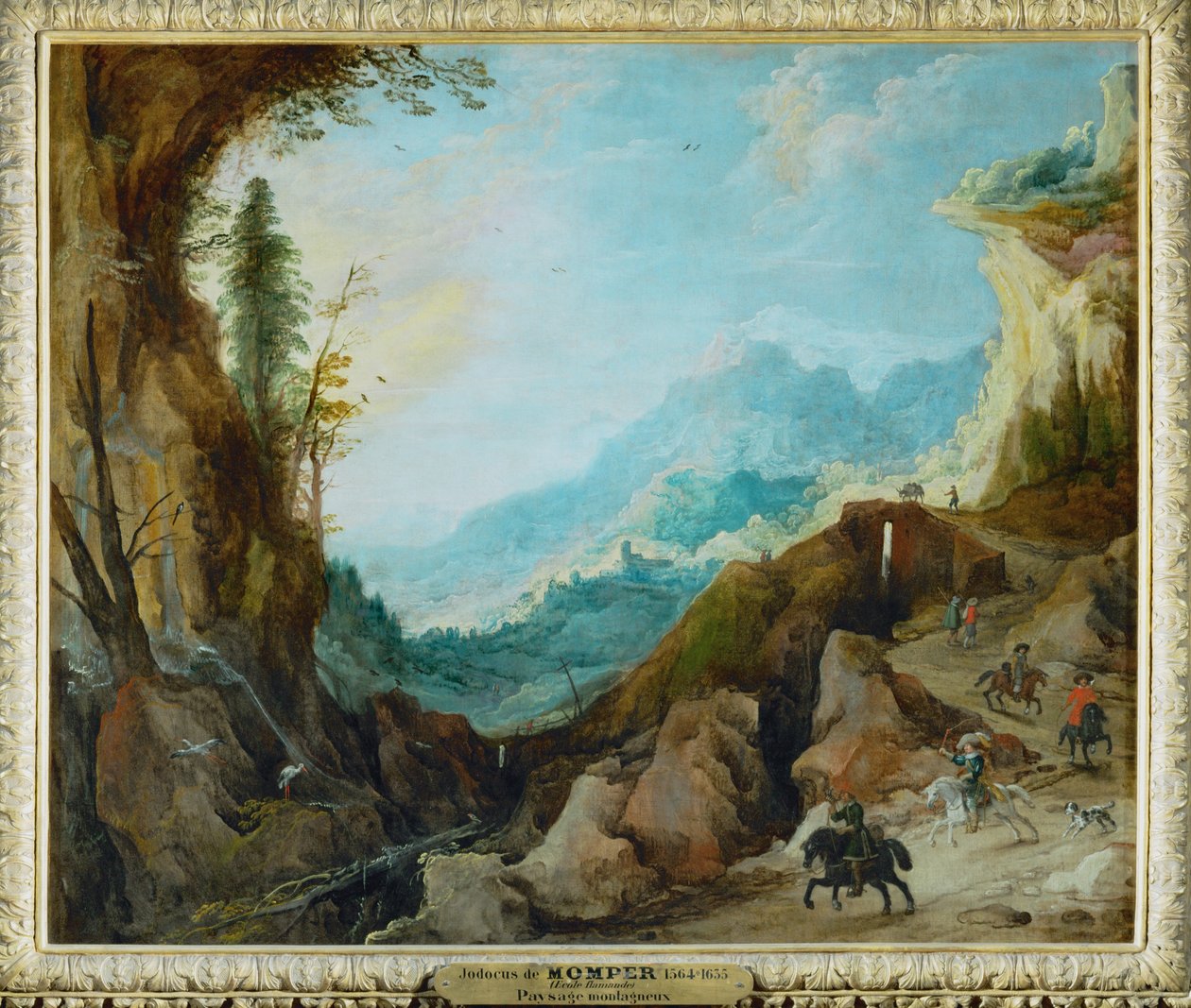 Een berglandschap met een brug en vier ruiters ... door Joos de (follower of) Momper