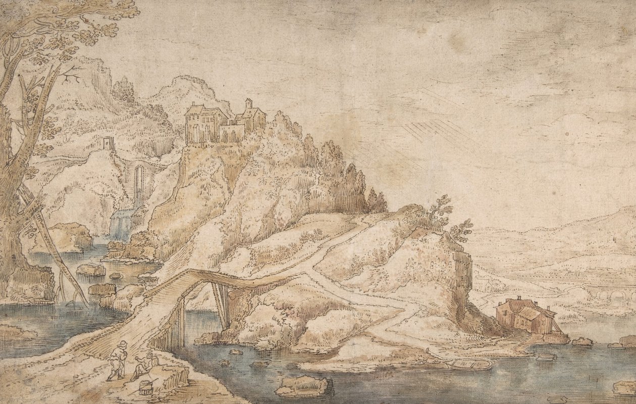 Heuvelachtig Landschap met Rivier, Brug en Huizen met Twee Figuren Links door Joos de Momper the Younger.