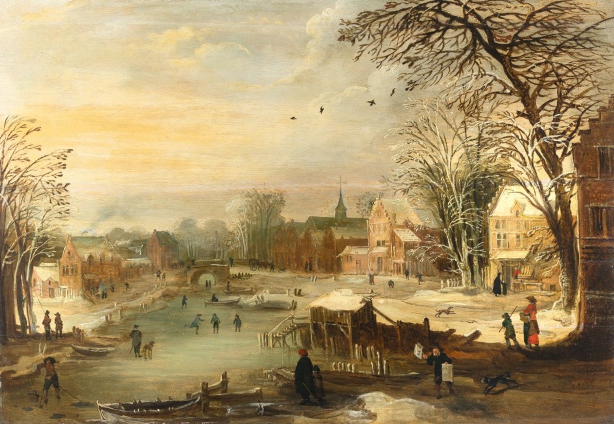 Winter dorpslandschap bij een bevroren rivier door Joos de Momper the younger
