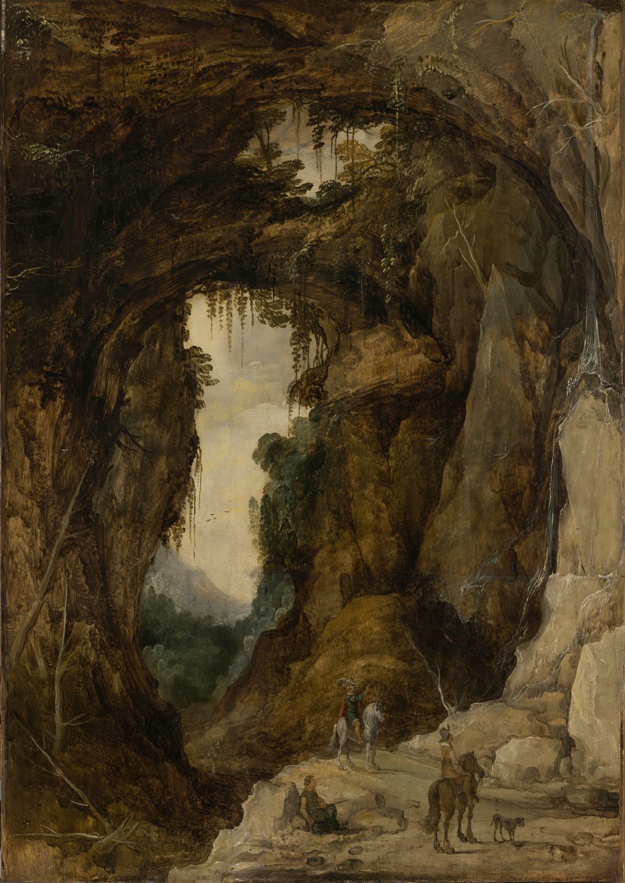 Landschap met Grot en een Ruiter door Joos de Momper the younger