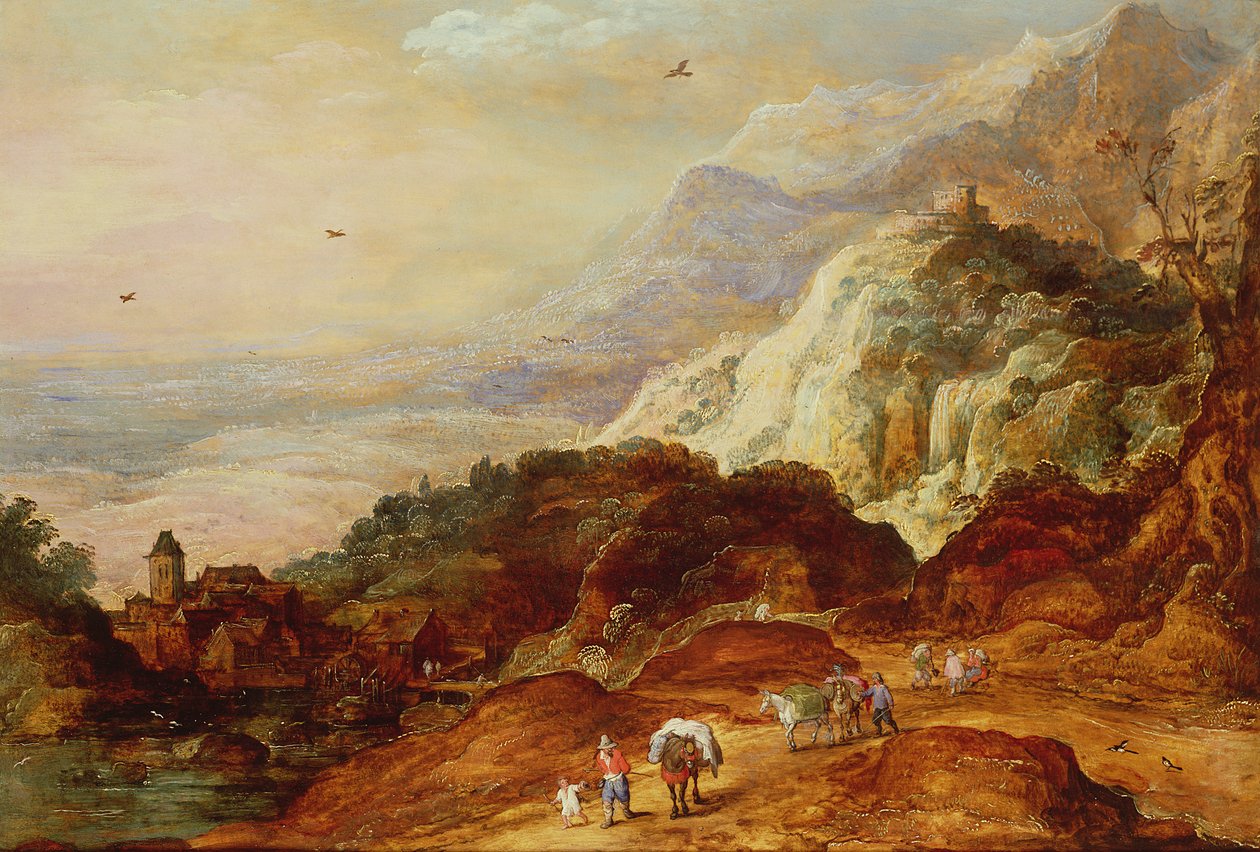 Een Bergachtig Landschap met Figuren en Muilezels door Joos or Josse de Momper