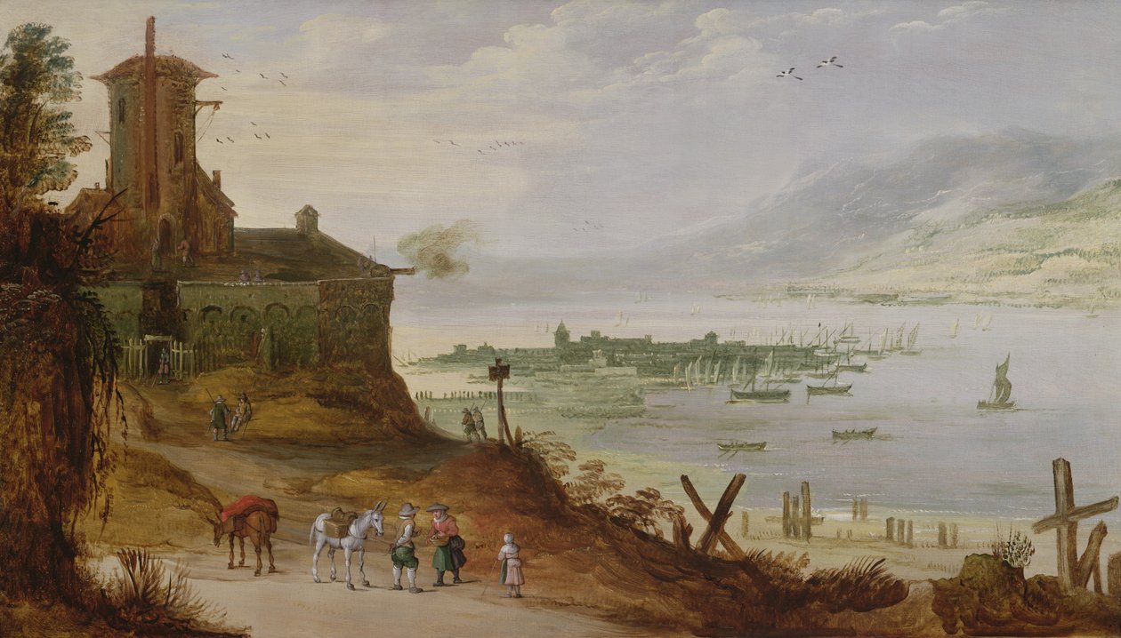 Heuvelstad met uitzicht op een haven door Joos or Josse de Momper