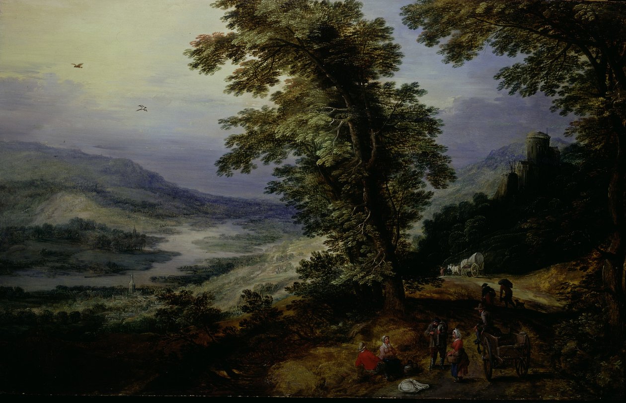 Bergweg met reizigers, ca.1610-25 (olieverf op gewelfd paneel) door Joos or Josse de The Younger Momper