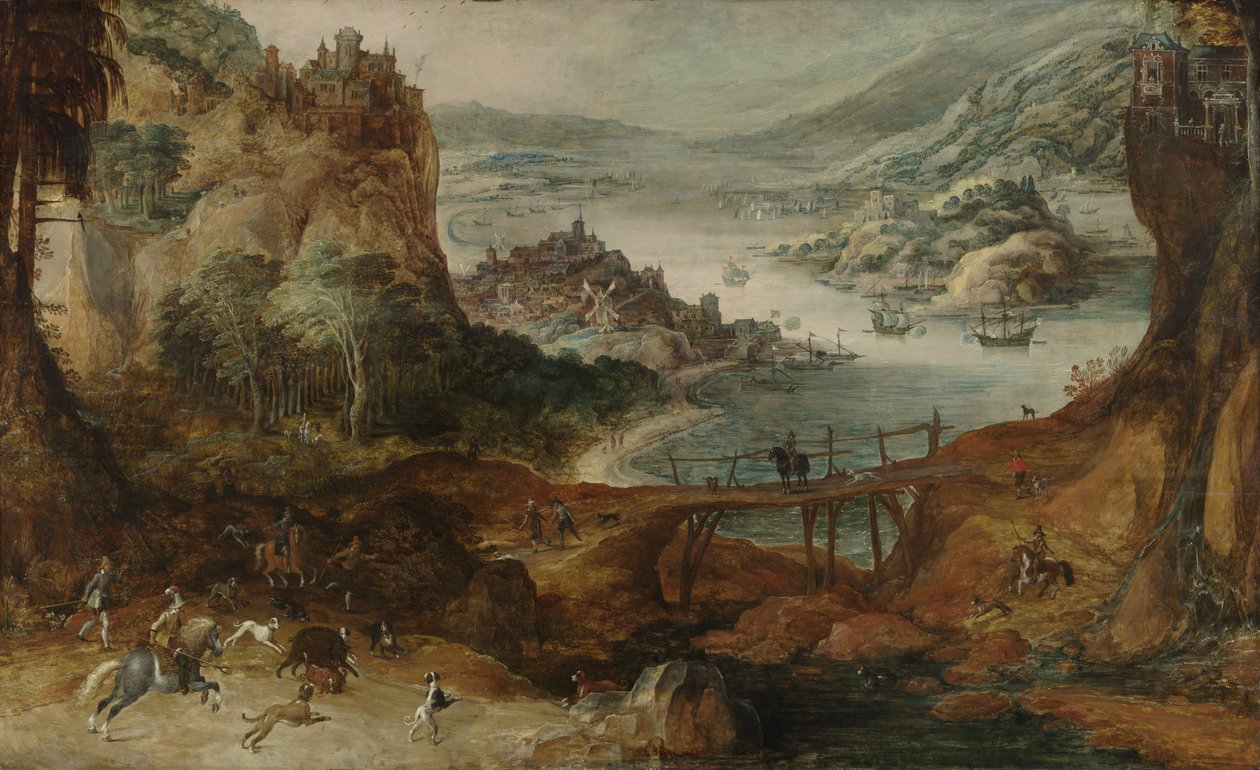 Rivierlandschap met zwijnenjacht door Joos or Josse de The Younger Momper