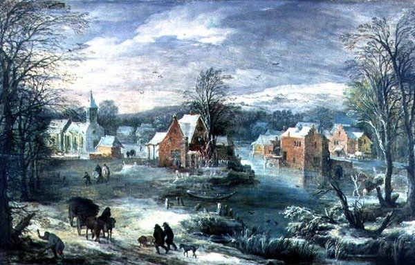 Dorp landschap in de winter door Joos or Josse de The Younger Momper