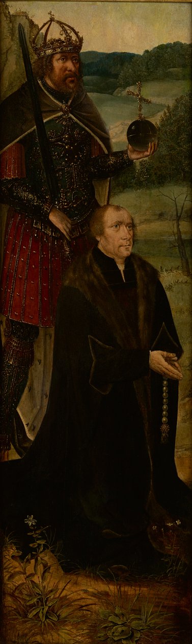 Koning Constantijn en een schenker; een vleugel van een altaarstuk door Joos van (follower of) Cleve