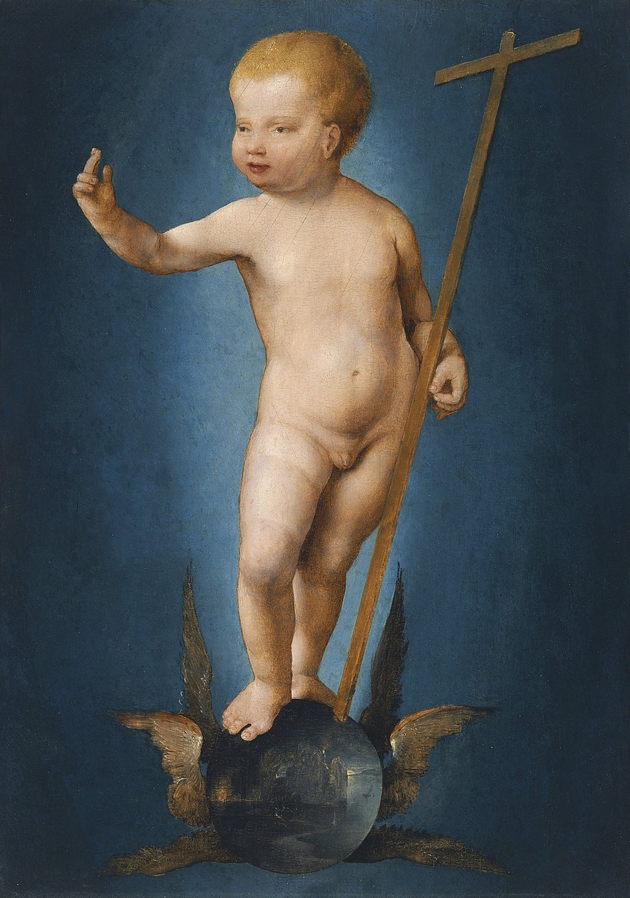 Duits: Christuskind auf einer Weltkugel Het kindje Christus op de wereldbol door Joos van Cleve